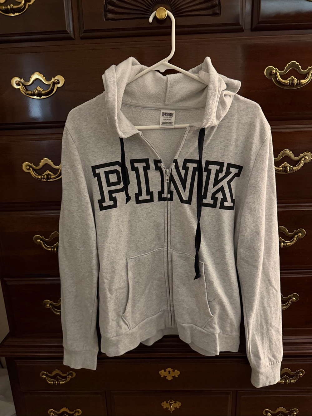 PINK Victoria's Secret Gray Zip-Up Hoodie with Black Lettering